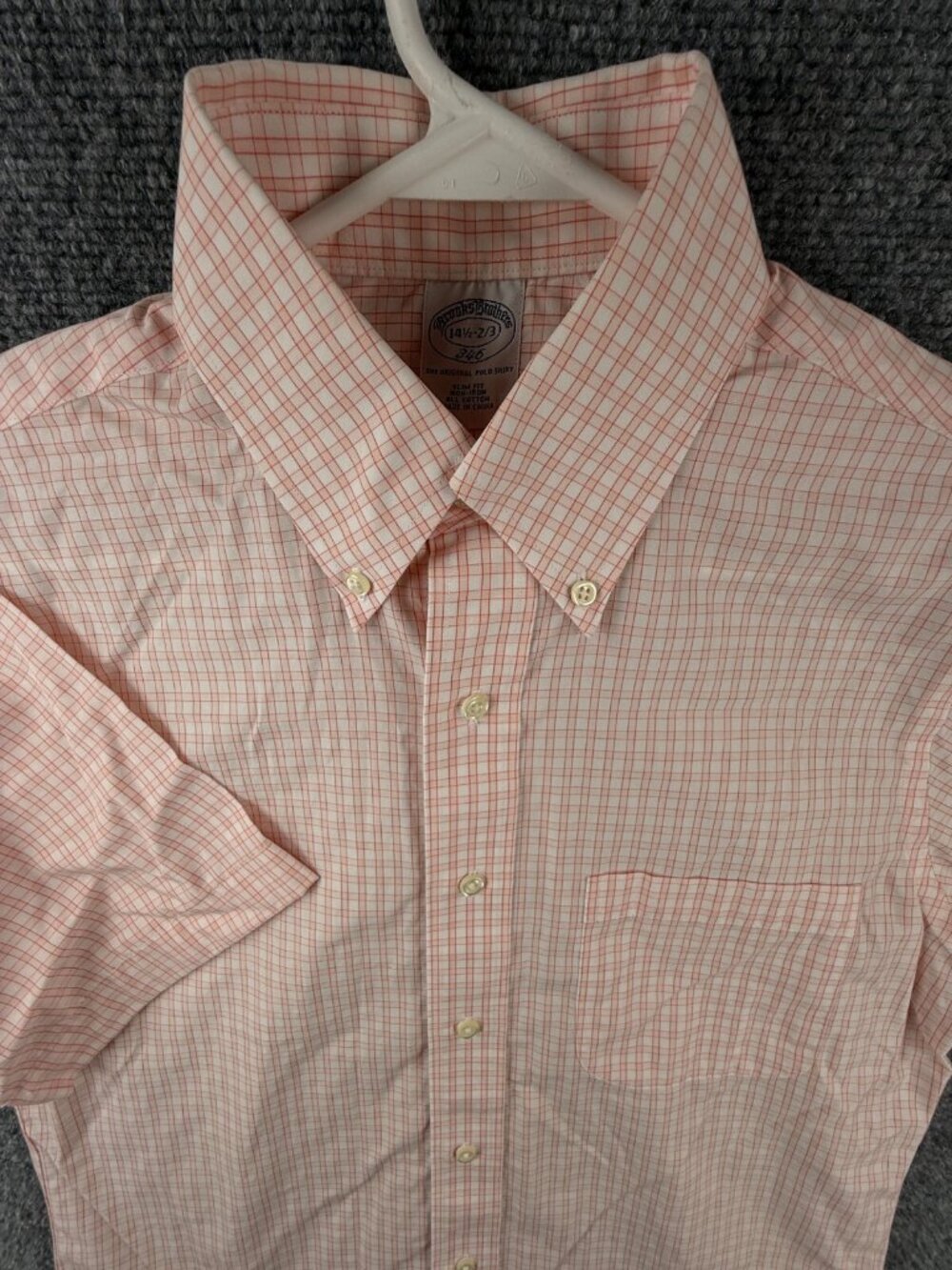 Brooks Brothers Button Up Shirt Short Sleeve Cotton Orange Check 14.5 Slim Fit